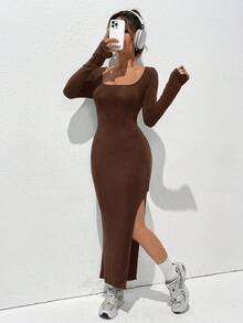 SHEIN EZwear 女士針織側開叉修身連衣裙 - 巧克力棕 - 查看 5
