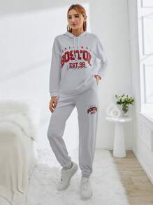 SHEIN PETITE Women's Hooded Sweatshirt & Pants Tracksuit With Letter Print And Drawstring - White - View 5