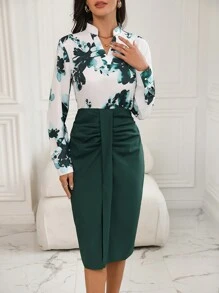 SHEIN Clasi Women's Floral Printed Splicing Notched Neckline Pleated Front Slit Dress - Green - View 5