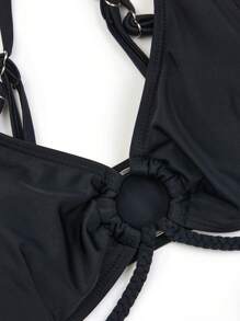 SHEIN Swim Ensemble bikini unicolore pour femme avec décoration circulaire plage d'été - Noir - Voir 5