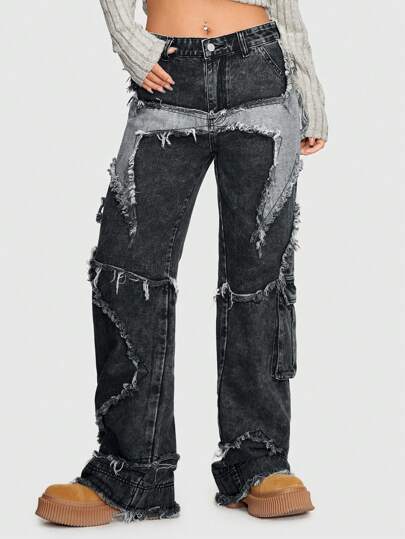 Grunge Punk Jean en denim avec motif d'étoile de couleurs contrastées et ourlet effiloché, école