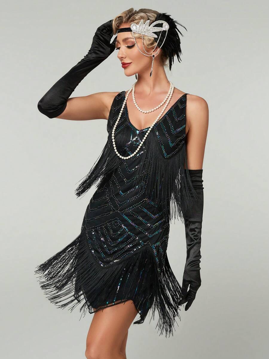 Women's V-Neck Vintage Sequins Splice Tassel Party Dress Elegant Cocktail Semi Formal Prom Wedding Guest Dress, Homecoming Spring Black Fall