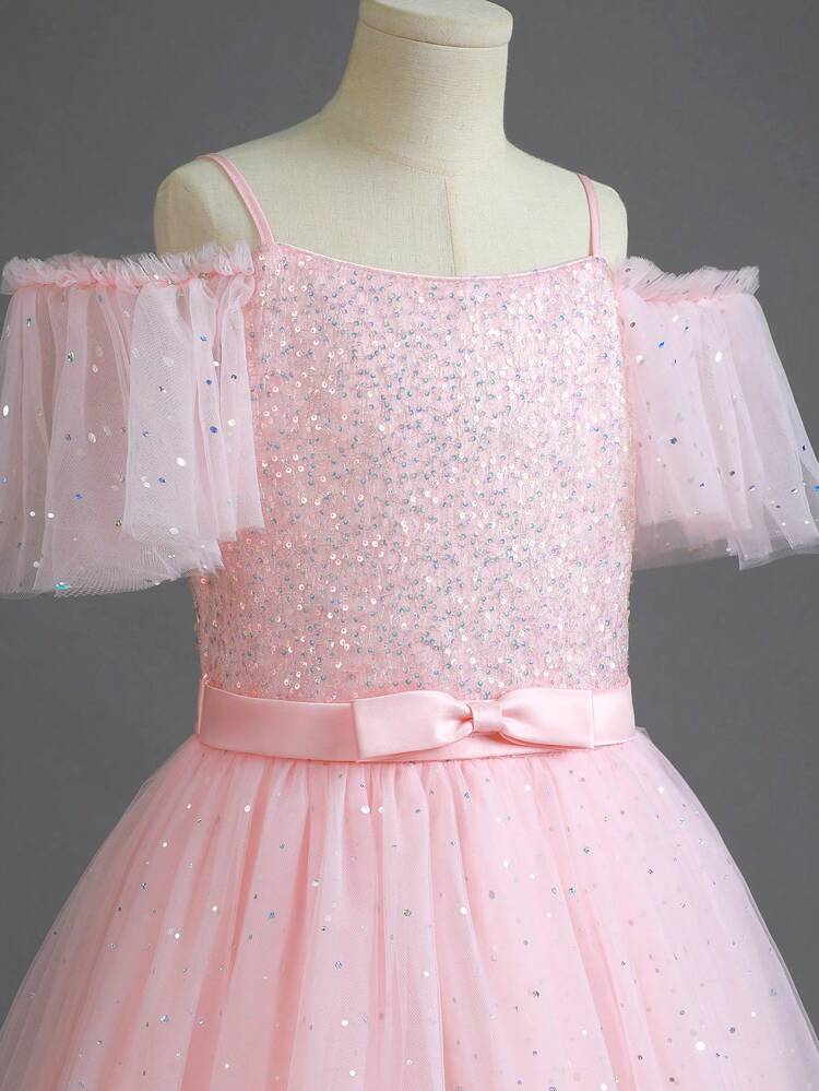 Tween Girl Glamour Sequined Tulle Puffy Princess Long Flower Girl Dress, Party Bridesmaid Gown For Birthday, Performance