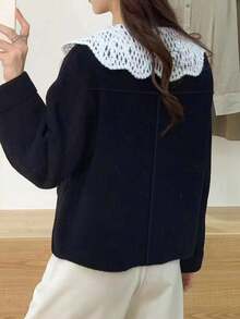 Women'S Color-Block Collar Button-Up Cardigan Sweater - Black - View 2
