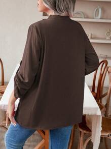 EMERY ROSE Plus Size Solid Color Rolled Sleeve Shirt Fall Cloth For Women - Coffee Brown - View 2