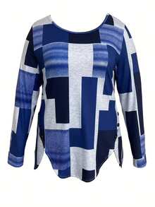 Kaos Lengan Panjang Motif Geometris Kasual Ukuran Besar - Biru - View 6