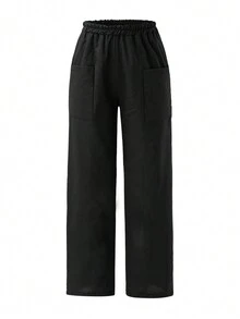 Women's Solid Color Pocketed Trousers - Black - View 4