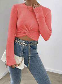 SHEIN Privé 扭紋細節短版套頭毛衣 - 玫瑰紅 - 查看 3