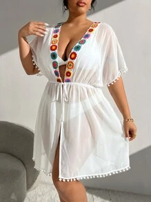 SHEIN Swim Curve 大尺碼女士花卉拼接毛球和服 - 白色 - 查看 3