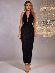 PARTHEA 露背深 V 领亮片网眼紧身长裙 - 黑色 - 查看 6