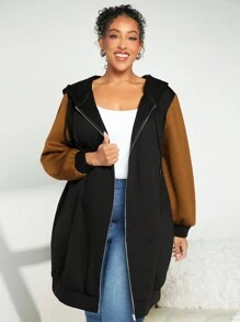 SHEIN CURVE+ Plus Size Two Tone Zip Up Sweatshirt - Khaki - View 4