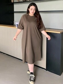 Dazy Plus 大尺碼女式寬鬆中長款圓領連衣裙 - 卡其色 - 查看 6