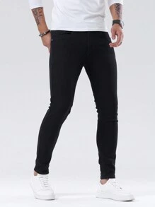 Manfinity Homme Men's Solid Color Slim Fit Jeans - Black - View 7
