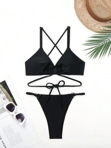SHEIN Swim Ensemble bikini unicolore pour femme avec décoration circulaire plage d'été - Noir - Voir 6