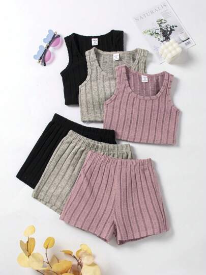 SHEIN Playful Pals 女童三件套/组 幼儿女童简约舒适罗纹针织上衣和短裤套装