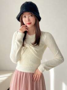 FRIFUL 女式兩件套毛絨背心和上衣 - 杏色 - 查看 6