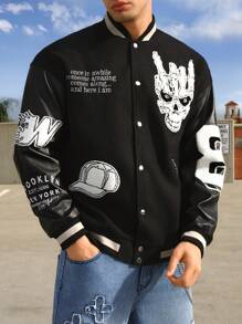 Manfinity LEGND 男士字母與骷髏印花條紋彈力邊條夾克 - 黑色 - 查看 1