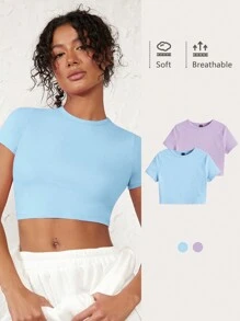 SHEIN BASICS Women's Round Neck Cropped T-Shirt - Baby Blue - View 6