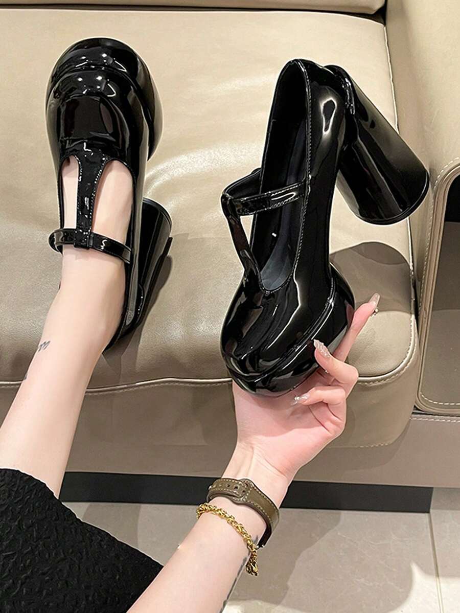 女款粗跟瑪莉珍鞋,黑色,圓頭皮革性感鞋款,適用於辦公室女士,jk制服 - 黑色 - 查看 1