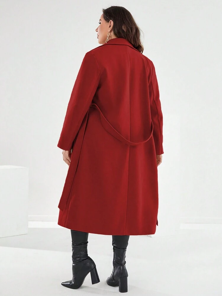 Burgundy Red Plus Size Lapel Collar Overcoat With Side Pockets Fall Winter Cloth For Women Autumn