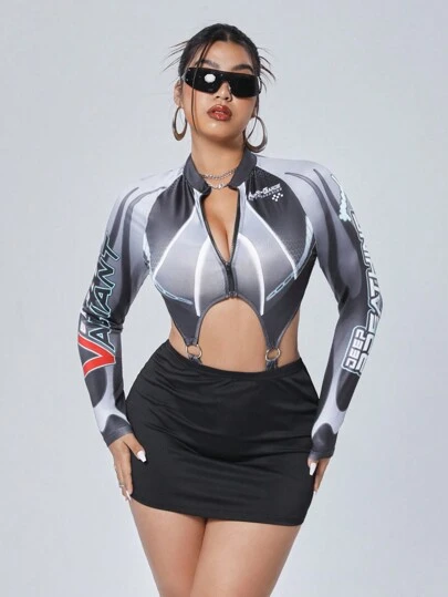 SHEIN ICON Printed Hollow Out Bodysuit With Mini Skirt, Bikers' Two Piece Outfit