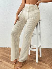 SHEIN Swim Summer Beach Ladies' Texture Drawstring Cover-Up Pants Wedding - Apricot - View 5