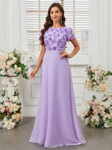 SHEIN Belle Thêu hoa U-Back Váy phù dâu Với 3D Hiệu ứng Hoa ( Người lớn ) - Màu tím hoa cà - Xem 7