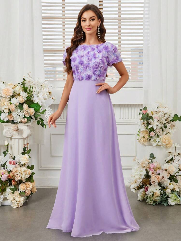 Floral Embroidery U-Back Bridesmaid Dress With 3d Effect Flowers (Adult)