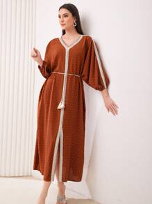 Al Najma Women's Weave Belt Splice High Slit Bodycon Dress Kaftan Jalabiya Dress - Rust Brown - View 3