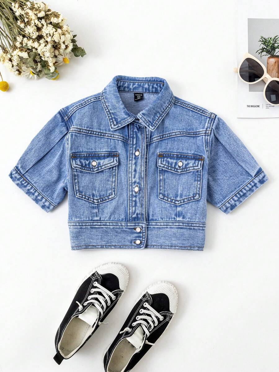 Tween女孩新款休閒時尚洗水牛仔外套 - 中等水洗藍 - 查看 1