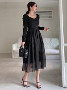 DAZY Women's Solid Color Leg-Of-Mutton Sleeve Dress With Sweetheart Neckline,Fall Dress