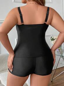 SHEIN Swim Curve Plus Size Women's Ruched Tank Bikini Set Music Festival - Black - View 2