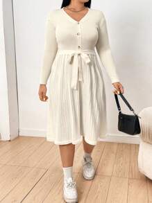 Flirla Plus Size Solid Color Ribbed Knit Sweater Dress Fall Cloth For Women - Apricot - View 5