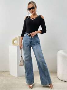 SHEIN Essnce Quý cô Lạnh vai Dây đeo Trang trí Áo thun - màu đen - Xem 4