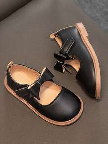 Kids' Simple, Comfortable, All-Match Bowknot Flat Shoes For Girls - Black - View 3