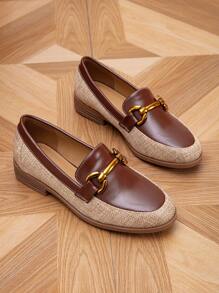 Women's Spring And Autumn Metal Buckle Round Toe Comfortable Color Block Flat Loafers