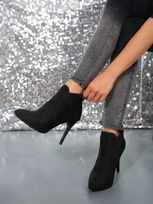 Women's Fashionable Elegant Suede Stiletto Pointed Toe High Heel Short Boots, Ankle Length - Black - View 6