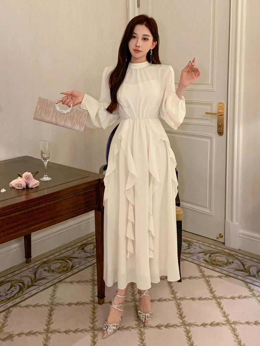 DAZY Women's Lantern Sleeve Stand Collar Patchwork Ruffle Hem Dress, Birthday Prom Dress,Fall Clothes Long Sleeve Dress Elegant Women Dresses Maxi Dress - Beige - View 1