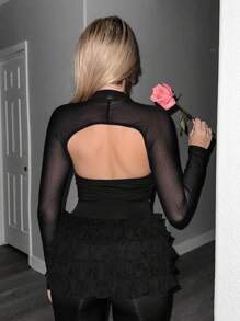 Sweetina Y2K Spring Women's Slim Fit Mesh Contrast Front & Middle Hollow Out Heart Rhinestone Decor T-Shirt