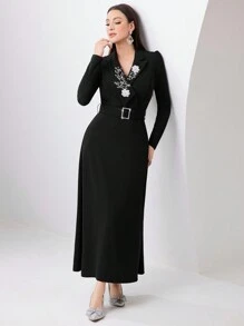 Modelyn Women's Long Sleeve Modest Dress With 3d Floral Decoration, Elegant Evening Party Maxi Modest Dress Black Blazer Dresssuit Dressbusiness Dress Long Evening Dresses - Black - View 7