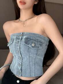 DAZY 纯色纽扣前开襟露脐牛仔抹胸上衣，适合节日穿着 - 淺色水洗藍 - 查看 4