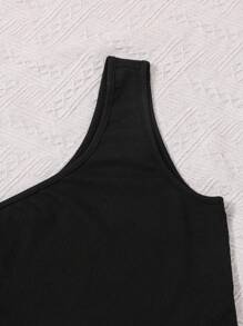 SHEIN 少女斜肩撞色上衣和抽绳运动裤休闲两件套 - 黑與白 - 查看 5