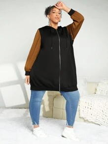 SHEIN CURVE+ Plus Size Two Tone Zip Up Sweatshirt - Khaki - View 5