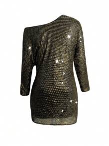 Chiquease 不對稱領口閃閃發光蝙蝠袖洋裝 - 黑色和金色 - 查看 2