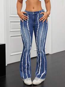 SHEIN ICON Women's Frayed Flared Denim Pants - Blue - View 1