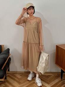 FRIFUL 女士網紗拼接連衣裙 - 卡其色 - 查看 5