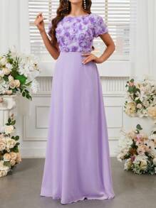SHEIN Belle Thêu hoa U-Back Váy phù dâu Với 3D Hiệu ứng Hoa ( Người lớn ) - Màu tím hoa cà - Xem 6