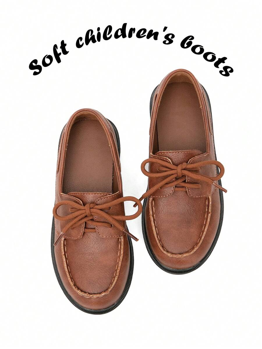 兒童綁帶式簡約復古啡色休閒平底鞋 - 棕色 - 查看 1