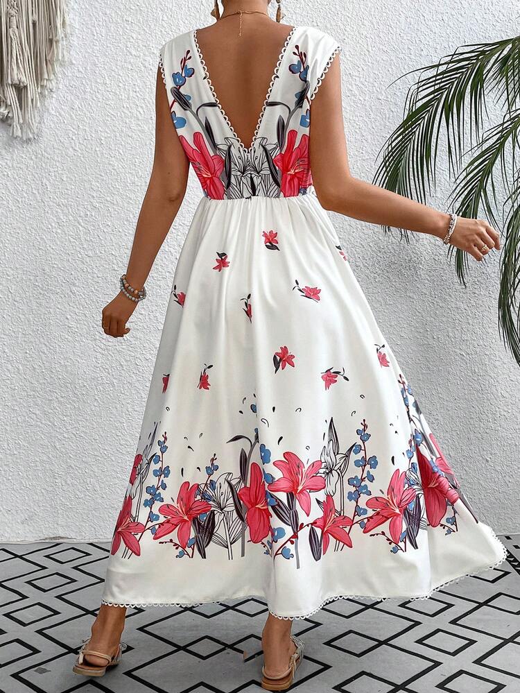 Women'S V-Neck Floral Printed Sleeveless Dress