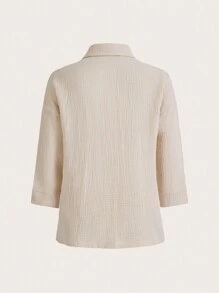 Ocili Leisure 100% Cotton Natural Material Lapel Mid-Sleeve Cardigan Top-Khaki - Apricot - View 2
